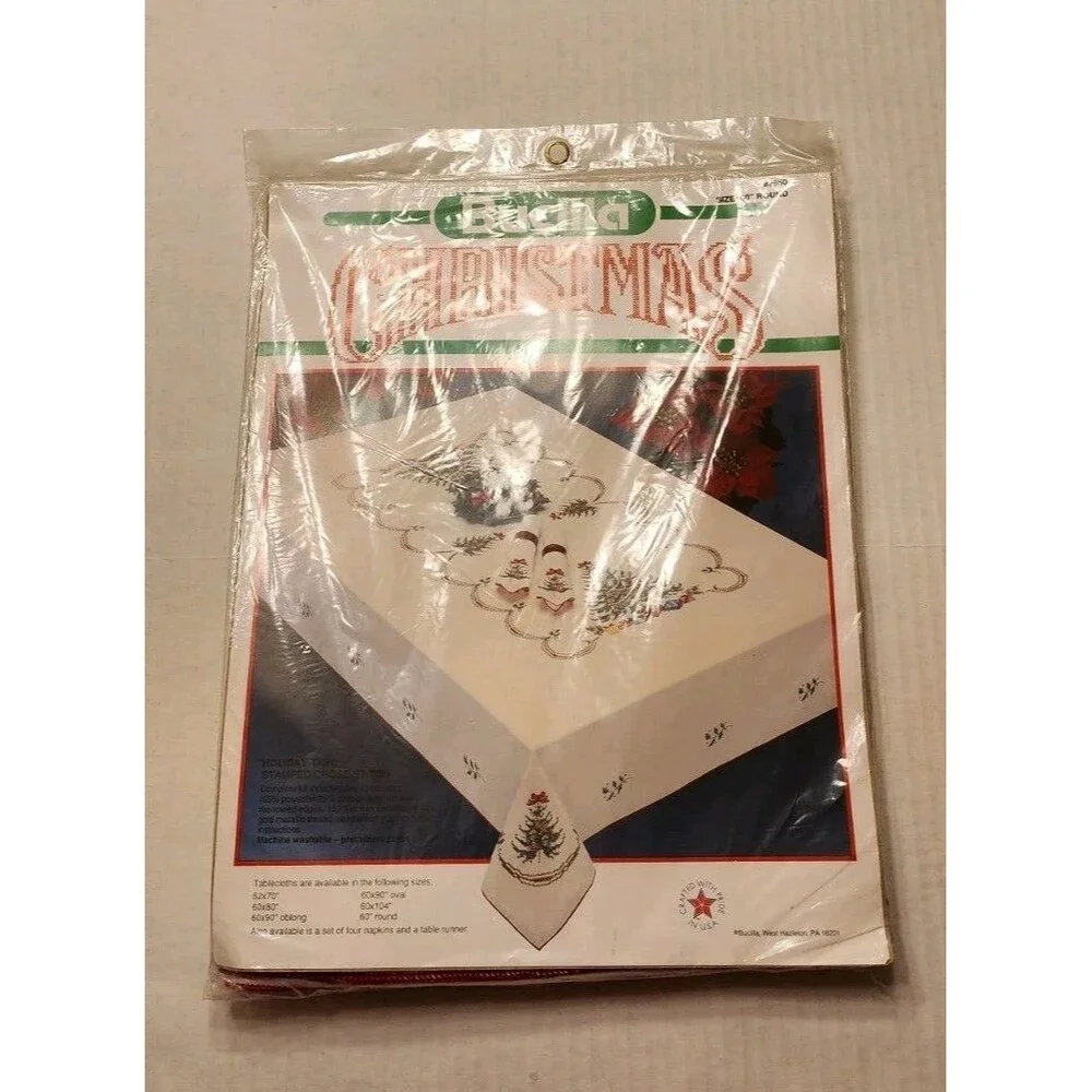 Bucilla Stamped Cross stitch Kit 60” Round Tablecloth Holiday Tree 82650 New Vtg